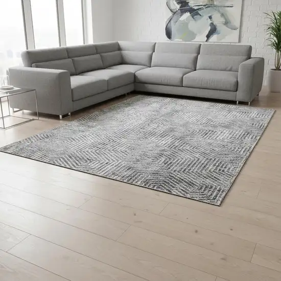 Silver And Gray Geometric Washable Area Rug With UV Protection Photo 2