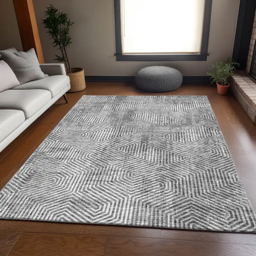 Silver And Gray Geometric Washable Area Rug With UV Protection Photo 6