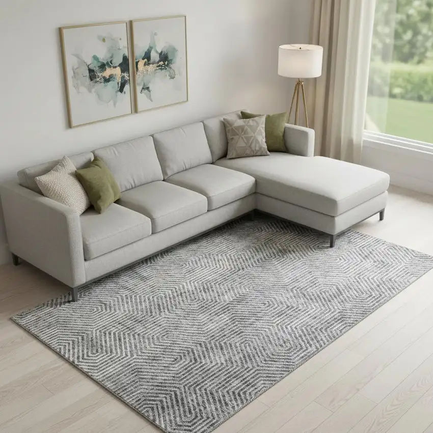 Silver And Gray Geometric Washable Area Rug With UV Protection Photo 1