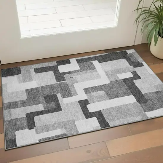 Silver And Gray Geometric Washable Area Rug With UV Protection Photo 2