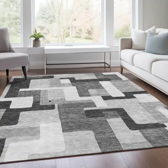 Silver And Gray Geometric Washable Area Rug With UV Protection Photo 5