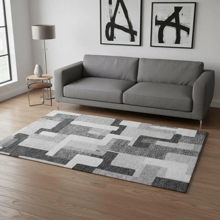 Silver And Gray Geometric Washable Area Rug With UV Protection Photo 2