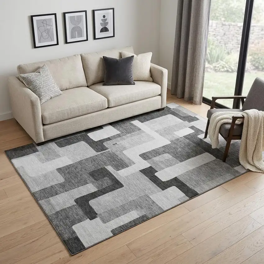 Silver And Gray Geometric Washable Area Rug With UV Protection Photo 1
