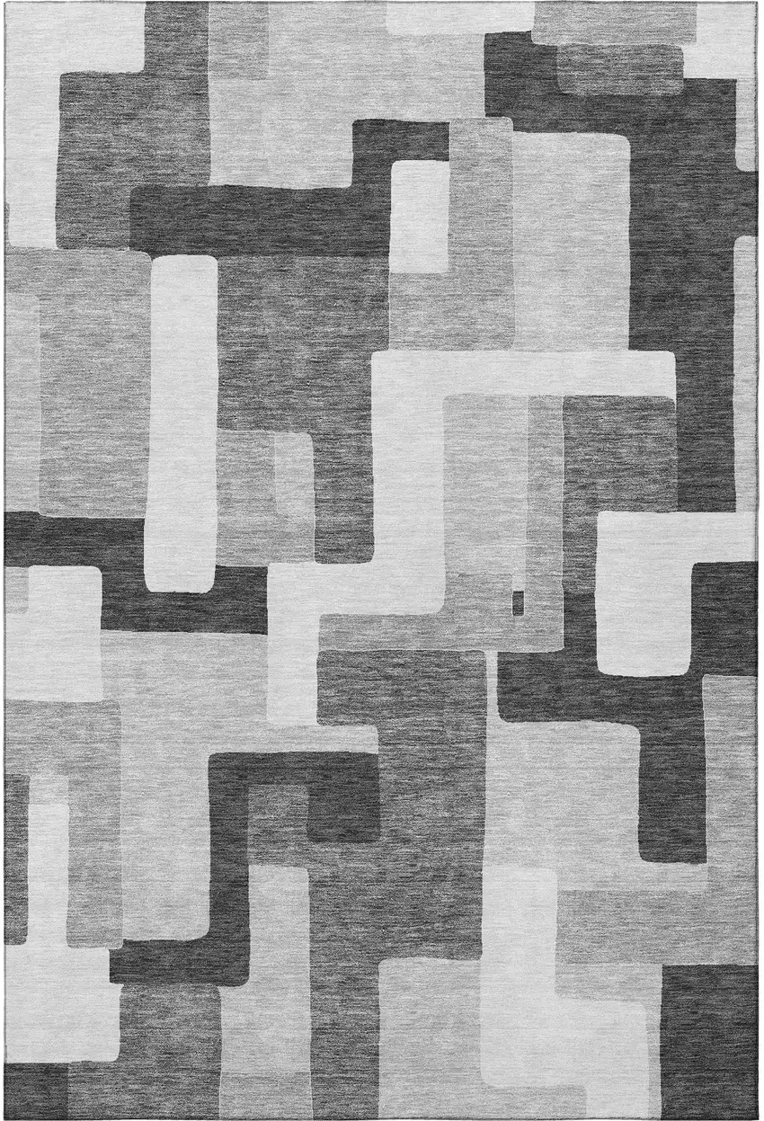 Silver And Gray Geometric Washable Area Rug With UV Protection Photo 3
