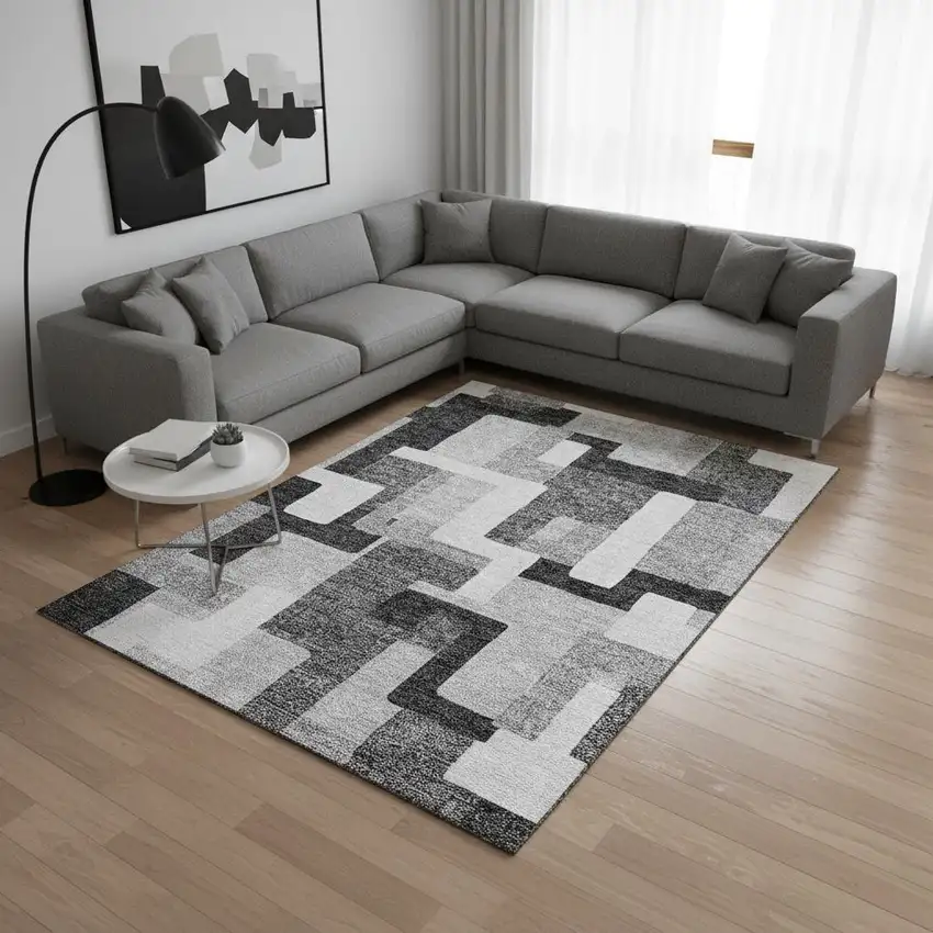 Silver And Gray Geometric Washable Area Rug With UV Protection Photo 2