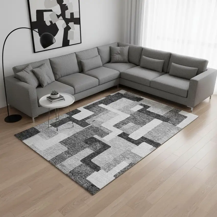 Silver And Gray Geometric Washable Area Rug With UV Protection Photo 2