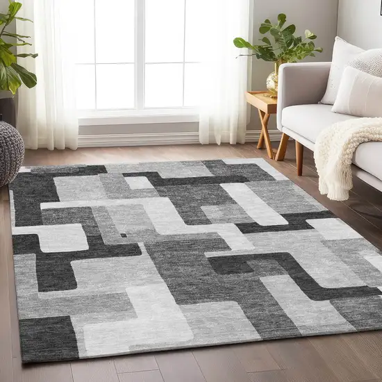 Silver And Gray Geometric Washable Area Rug With UV Protection Photo 4