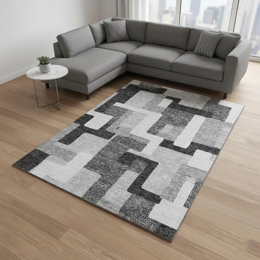 Silver And Gray Geometric Washable Area Rug With UV Protection Photo 2