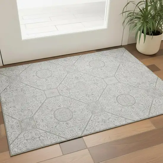 Silver And Gray Geometric Washable Area Rug With UV Protection Photo 2