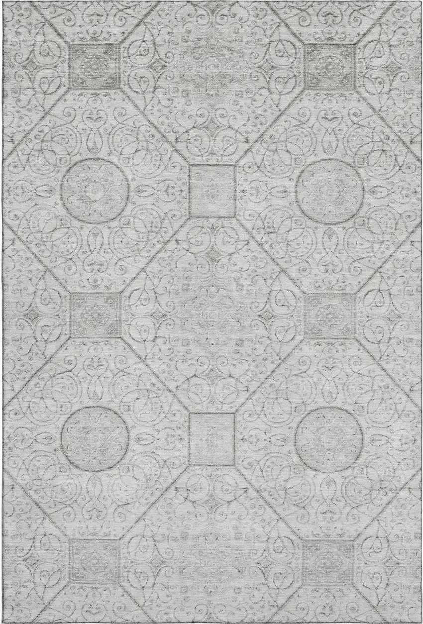 Silver And Gray Geometric Washable Area Rug With UV Protection Photo 1
