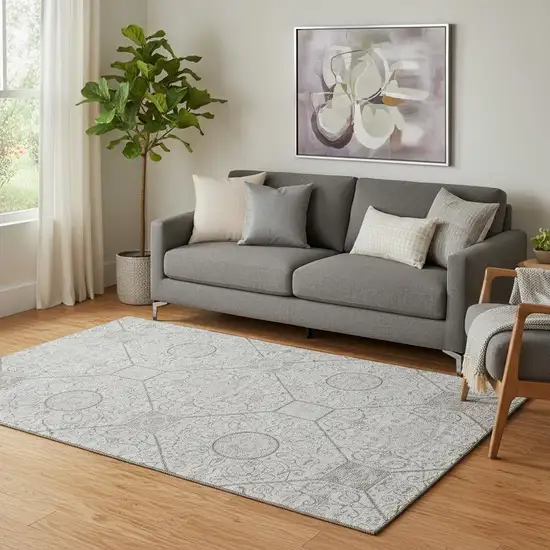 Silver And Gray Geometric Washable Area Rug With UV Protection Photo 2