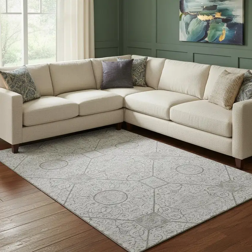 Silver And Gray Geometric Washable Area Rug With UV Protection Photo 2