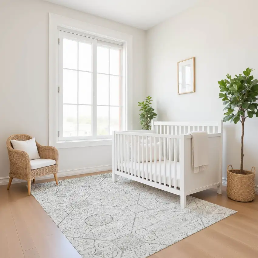 Silver And Gray Geometric Washable Area Rug With UV Protection Photo 5