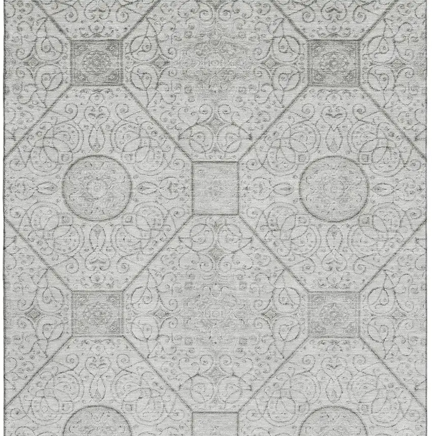 Silver And Gray Geometric Washable Area Rug With UV Protection Photo 3