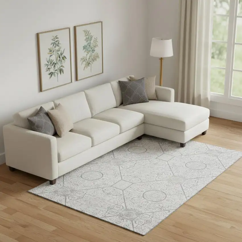 Silver And Gray Geometric Washable Area Rug With UV Protection Photo 2