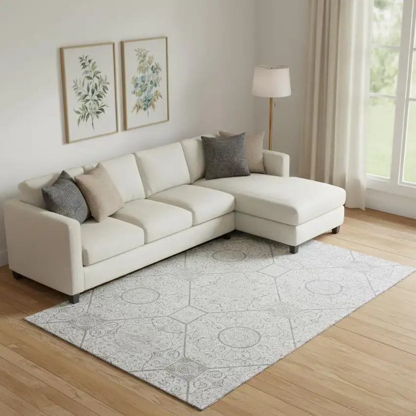 Silver And Gray Geometric Washable Area Rug With UV Protection Photo 2