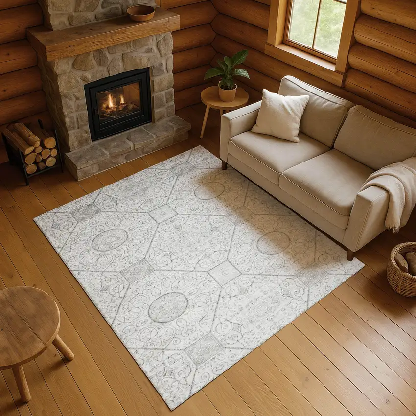 Silver And Gray Geometric Washable Area Rug With UV Protection Photo 4