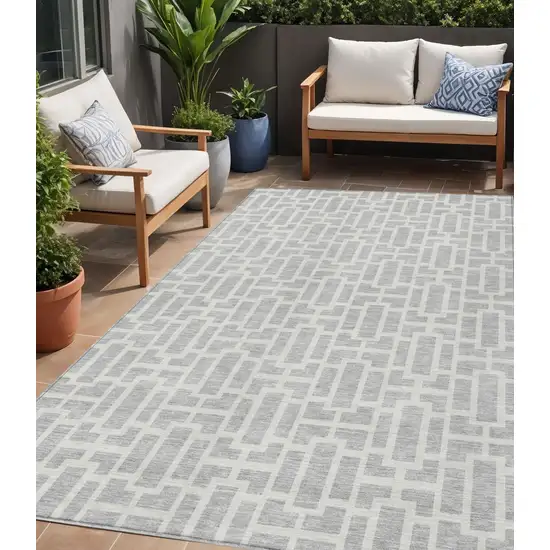 Silver And Gray Geometric Washable Indoor Outdoor Area Rug Photo 1