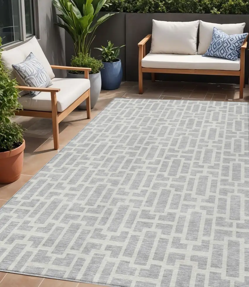 Silver And Gray Geometric Washable Indoor Outdoor Area Rug Photo 1