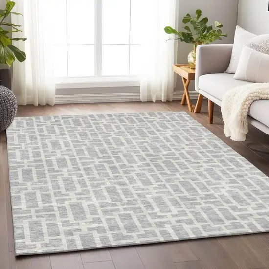Silver And Gray Geometric Washable Indoor Outdoor Area Rug Photo 9