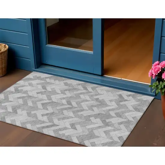 Silver And Gray Geometric Washable Indoor Outdoor Area Rug Photo 1