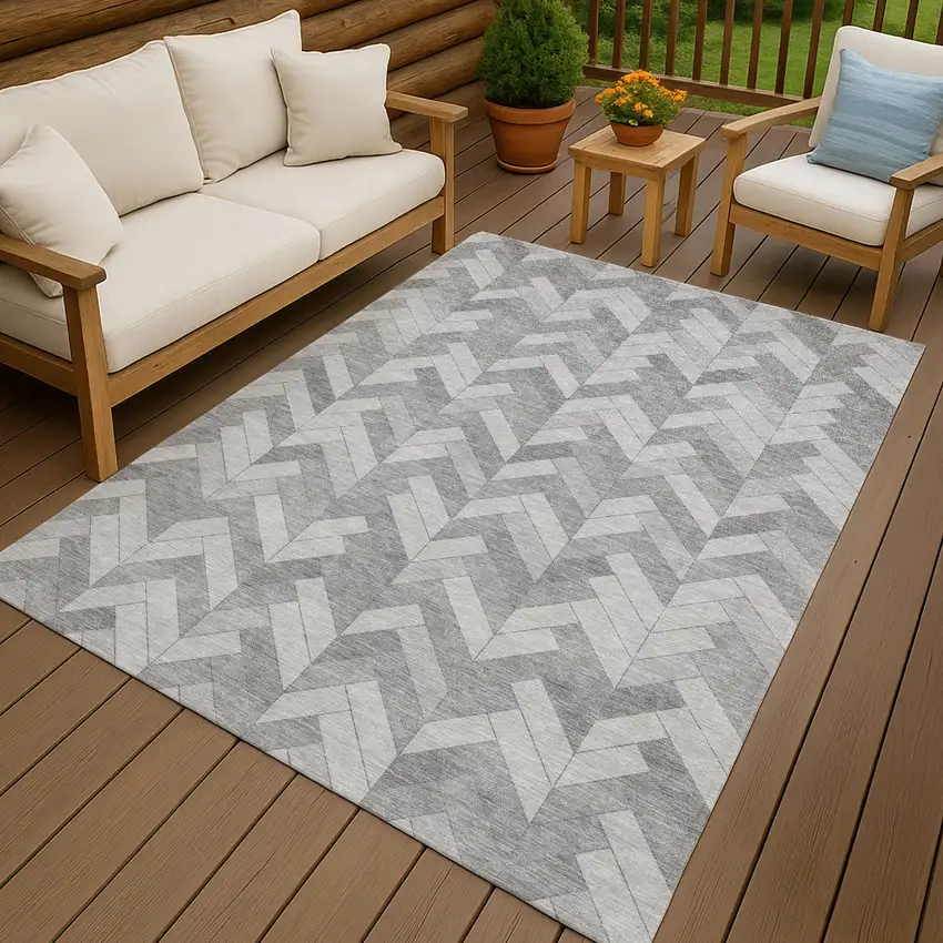Silver And Gray Geometric Washable Indoor Outdoor Area Rug Photo 9