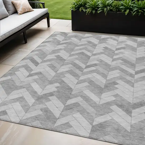 Silver And Gray Geometric Washable Indoor Outdoor Area Rug Photo 1