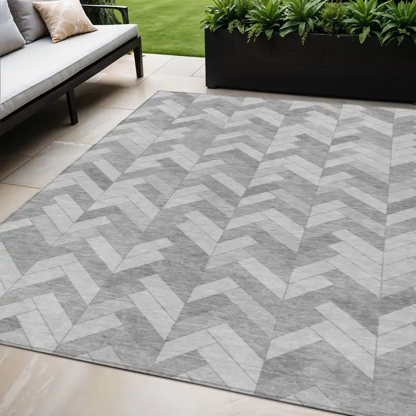 Silver And Gray Geometric Washable Indoor Outdoor Area Rug Photo 1