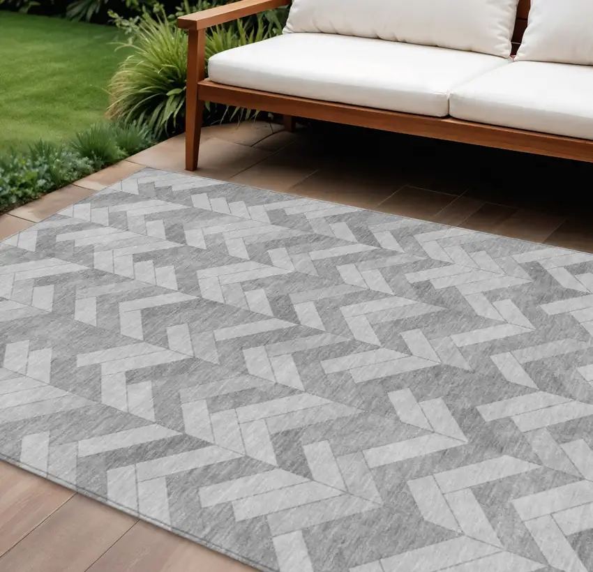 Silver And Gray Geometric Washable Indoor Outdoor Area Rug Photo 1