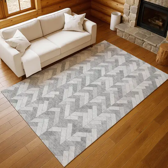 Silver And Gray Geometric Washable Indoor Outdoor Area Rug Photo 8