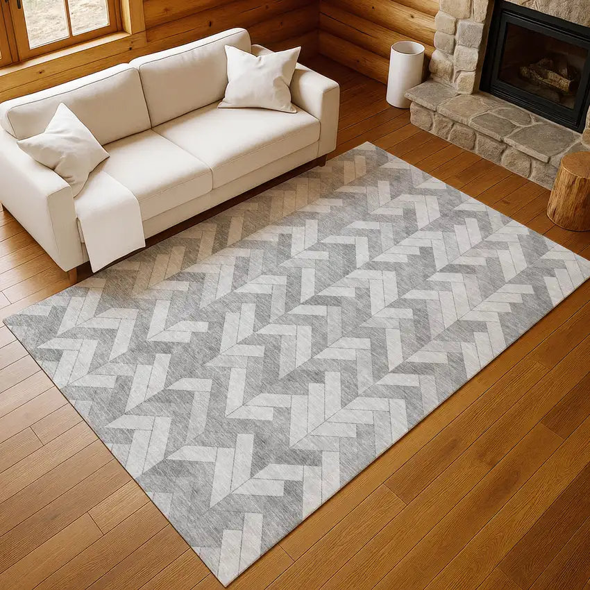Silver And Gray Geometric Washable Indoor Outdoor Area Rug Photo 8