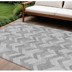 Photo of Silver And Gray Geometric Washable Indoor Outdoor Area Rug