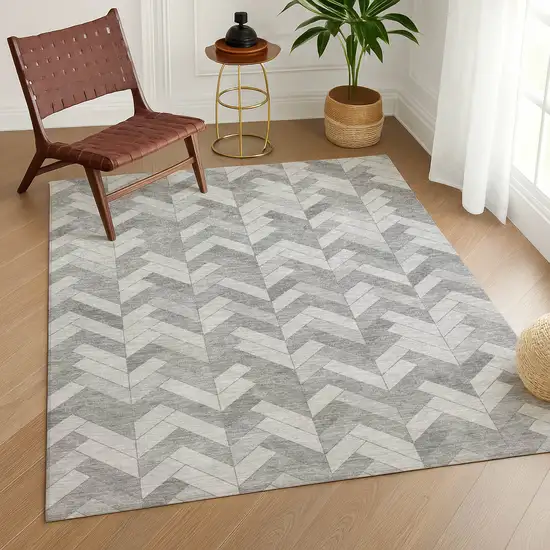 Silver And Gray Geometric Washable Indoor Outdoor Area Rug Photo 8
