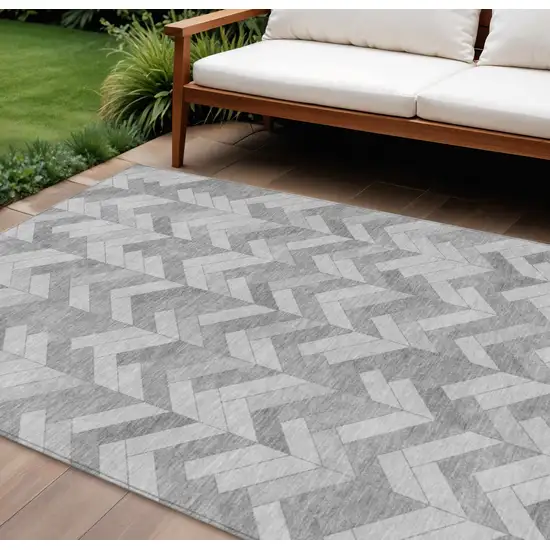 Silver And Gray Geometric Washable Indoor Outdoor Area Rug Photo 1