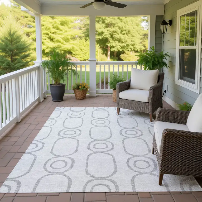 Silver And Gray Geometric Washable Indoor Outdoor Area Rug Photo 9