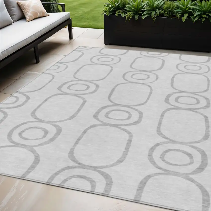 Silver And Gray Geometric Washable Indoor Outdoor Area Rug Photo 1