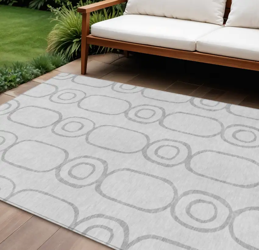 Silver And Gray Geometric Washable Indoor Outdoor Area Rug Photo 1