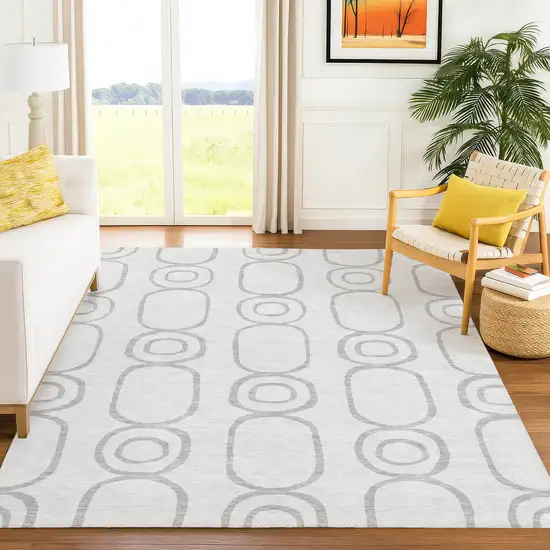 Silver And Gray Geometric Washable Indoor Outdoor Area Rug Photo 9