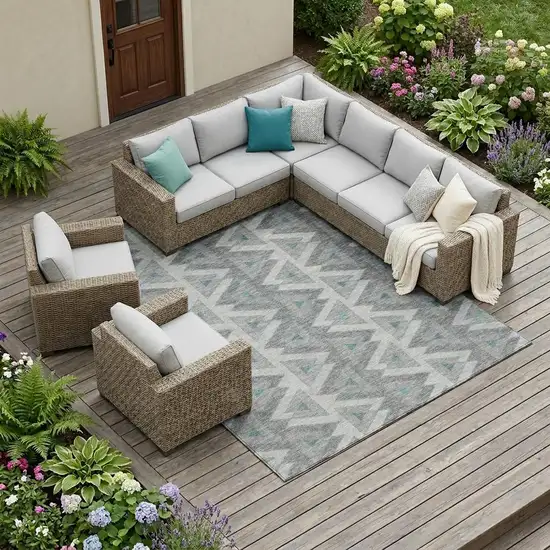 Silver And Gray Geometric Washable Indoor Outdoor Area Rug Photo 1