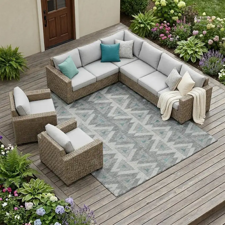 Silver And Gray Geometric Washable Indoor Outdoor Area Rug Photo 1