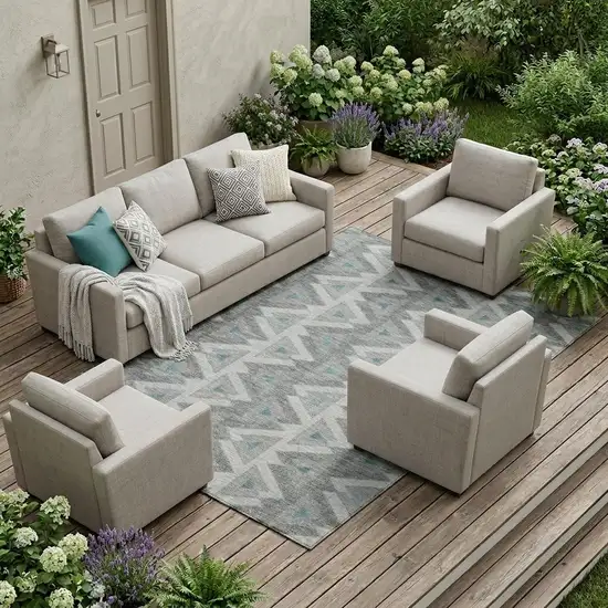 Silver And Gray Geometric Washable Indoor Outdoor Area Rug Photo 1