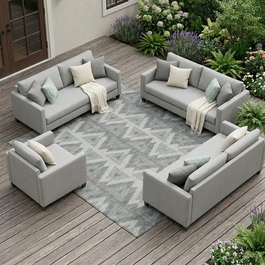 Silver And Gray Geometric Washable Indoor Outdoor Area Rug Photo 1