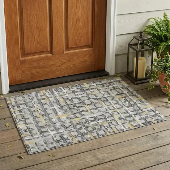 Silver And Gray Geometric Washable Indoor Outdoor Area Rug Photo 1