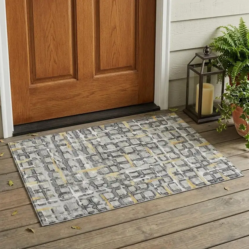 Silver And Gray Geometric Washable Indoor Outdoor Area Rug Photo 1