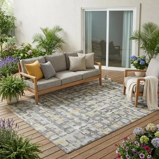 Silver And Gray Geometric Washable Indoor Outdoor Area Rug Photo 1