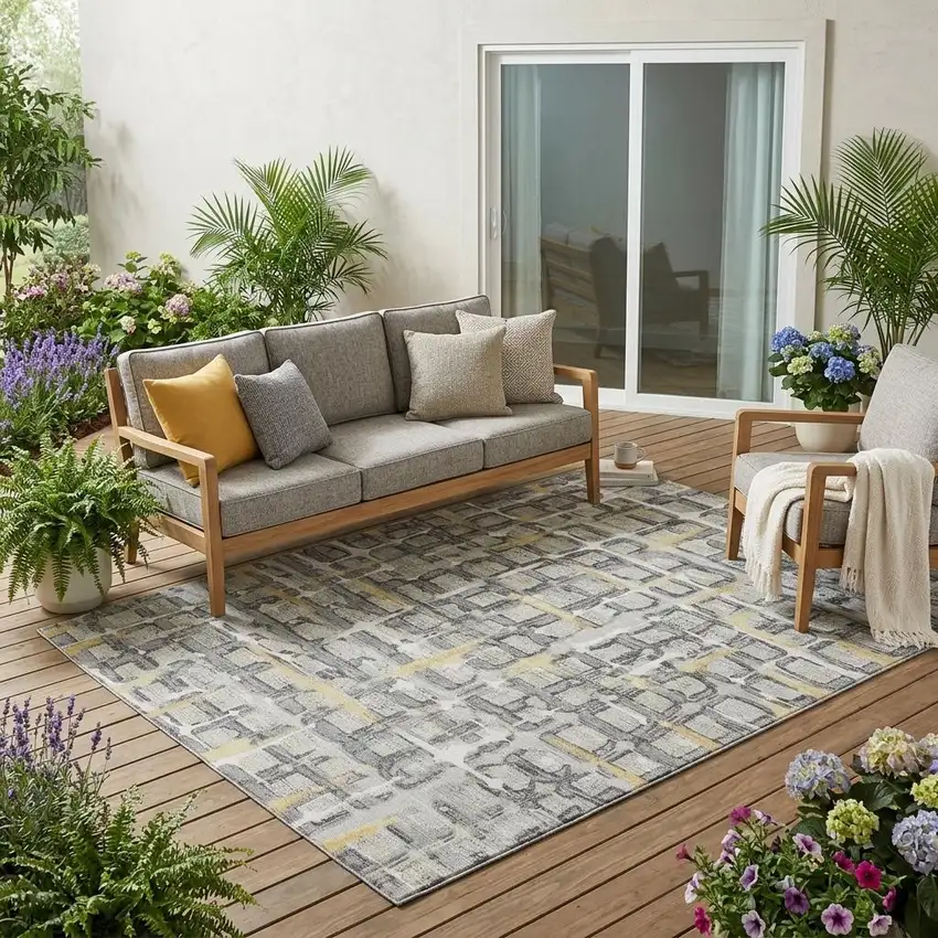 Silver And Gray Geometric Washable Indoor Outdoor Area Rug Photo 1