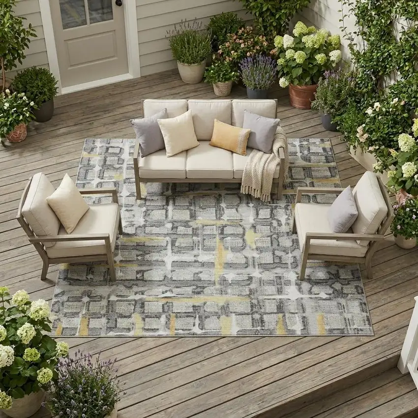 Silver And Gray Geometric Washable Indoor Outdoor Area Rug Photo 1