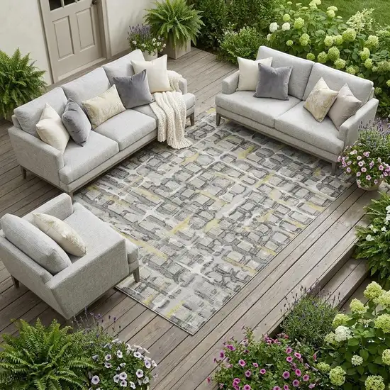 Silver And Gray Geometric Washable Indoor Outdoor Area Rug Photo 1