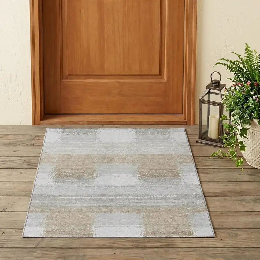 Silver And Gray Geometric Washable Indoor Outdoor Area Rug Photo 1