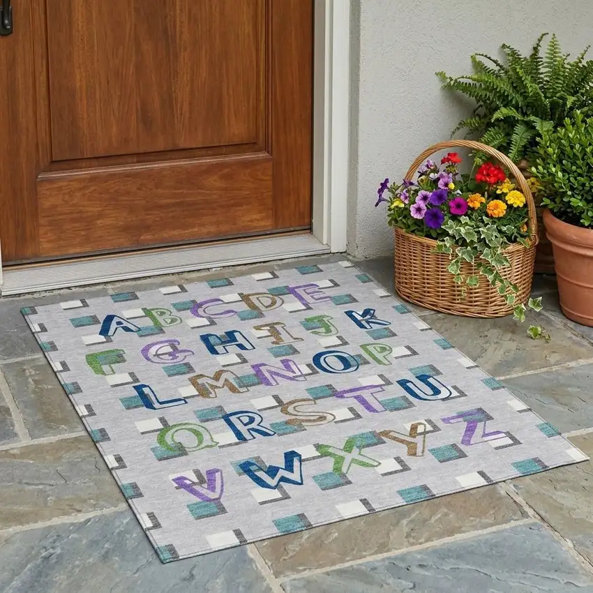 Silver And Gray Geometric Washable Indoor Outdoor Area Rug Photo 1